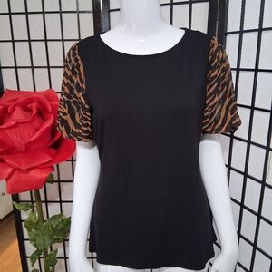 Tahari Black and Brown Blouse with Animal Print Sleeves
